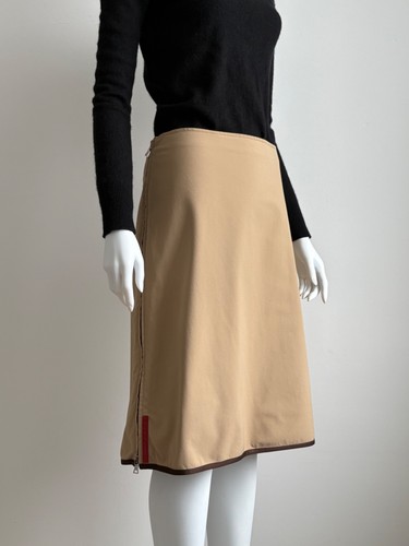 Vintage Prada Sport Beige Nylon Zip Skirt Two Slit Red Tab Y2K 2000s IT 46 XL