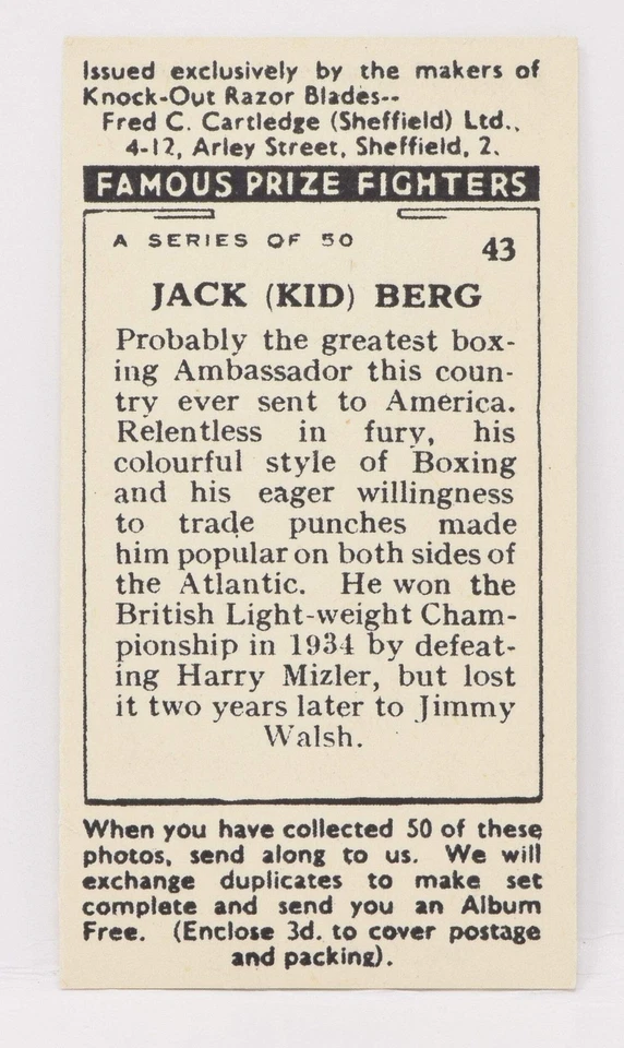Tarjeta de boxeo Jack Berg #43 Fred C Cartledge Knock-Out Razor Famous Prize Fighters Foto 2 de 2