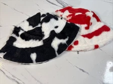 Women Bucket Hat Winter Cow Print Cute Fuzzy Faux Fur Warm Fluffy Plush Adjus...