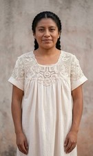 Oaxaca Mexican Crochet Dress Manta Embroidered Contrast Yoke Tunic Boho Chic