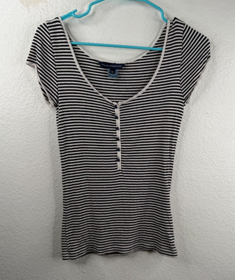 French Connection Y2K 90's Bella Elena Striped Henley Top Blue White Sz M