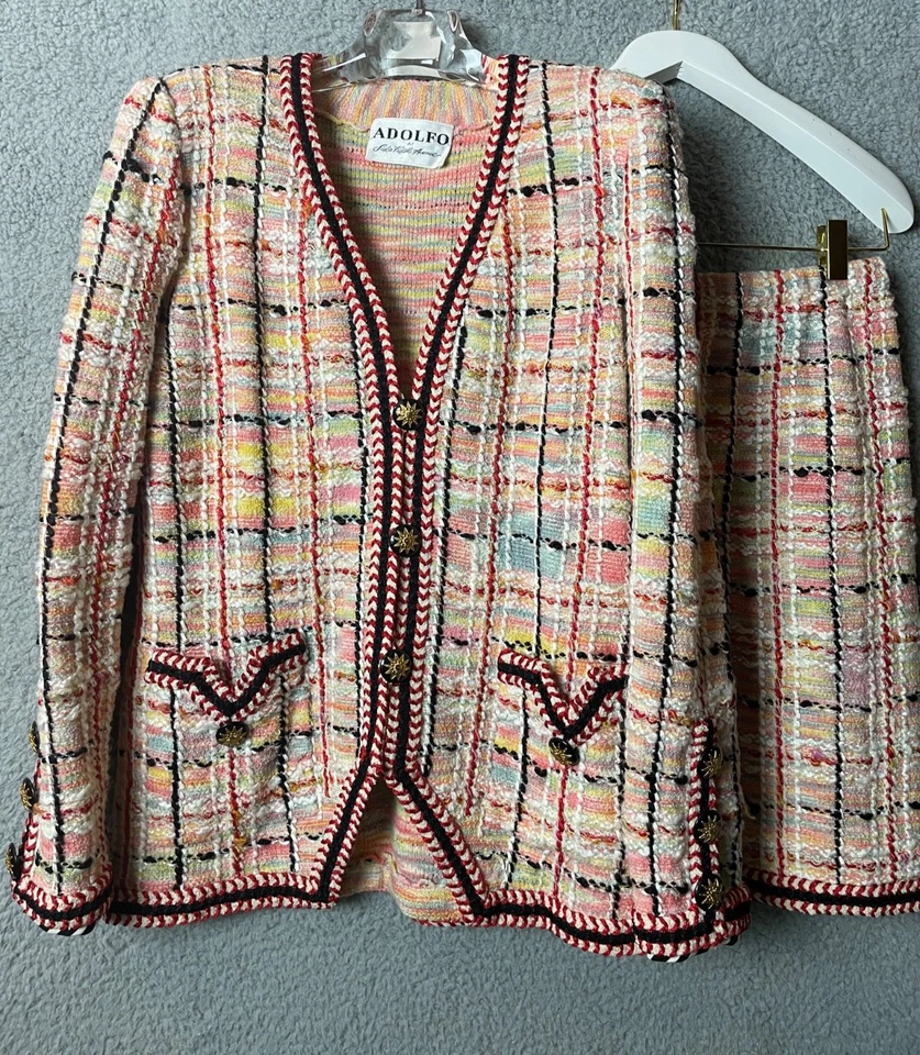 De Colección Adolfo Chaqueta y Falda Traje M Rosa Rojo Boucle Starburst Botones Saks Quinta Av Foto 2 de 4