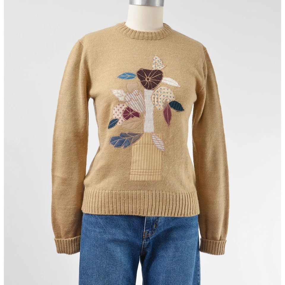 Suéter Vintage Años 70 Maceta Floral Cuello Redondo Ajustado Boho Hippie XS S Foto 3 de 4