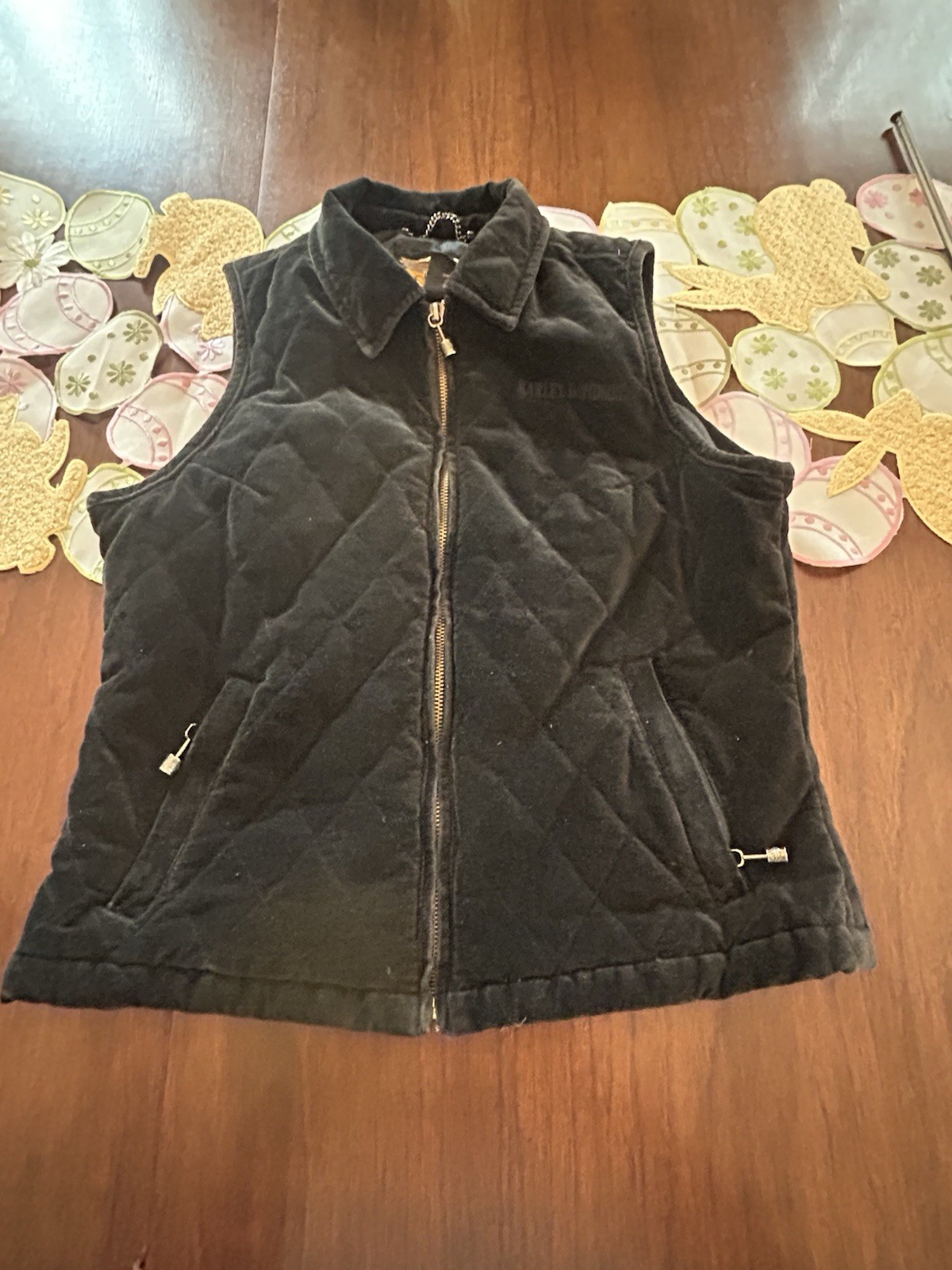 Women's Vintage Harley Davidson Black Velvet Quilted Full Zip Vest Medium
