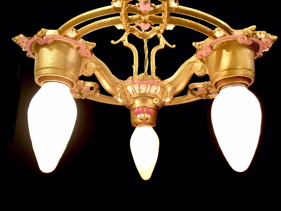 Antique Vtg Pink Floral Petite Chandelier 3 Light Hanging Light Fixture Restored - Image 2 of 4