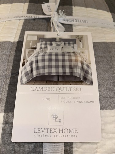 Trapunta LEVTEX HOME Camden King 106”x92” grigio bianco a quadri 2 federe 100% cotone NUOVA! - Foto 2 di 5