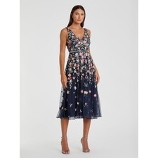 Mac Duggal 5527 Blue V-Neck Sleeveless Midi Floral Beaded A-line Dress Sz 14 NWT