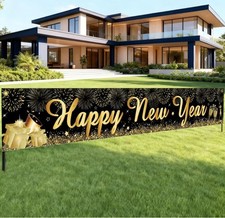 Happy New Year Yard Sign Banner 20X120 Inch Black Gold New Years Inflatables Ev