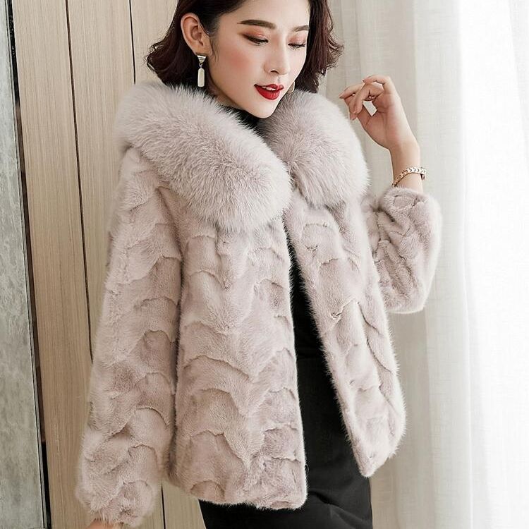 Luxury Women's Short Mink Fur Coat with Real Fox Fur Collar for Winter