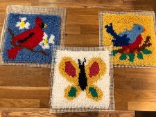 Lot Of 3 Vintage Latch Hook Wall Hanging Completed Birds Butterfly 10  Rug
