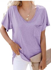 Womens Short Sleeve T Shirt Basic Tee Tops V Neck Loose Summer Shirts with Pocke