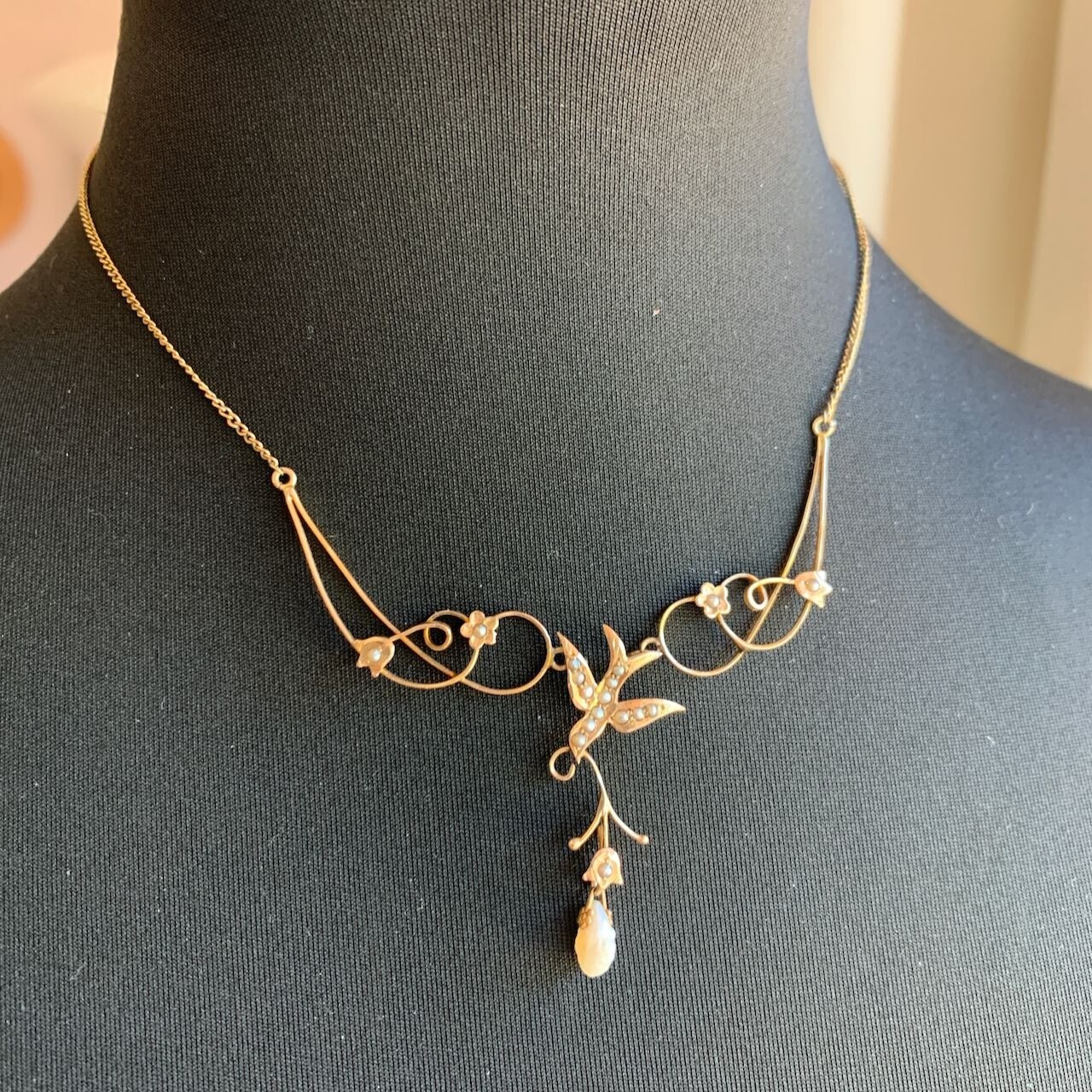 Antique 10K Gold Uncas Edwardian Seed Pearl Swallow Bird Lavalier Necklace 16.5"