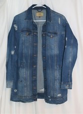 Only Blue Denim 100% Cotton Longline Jacket Women's Eu 36 Medium Mid Distressed