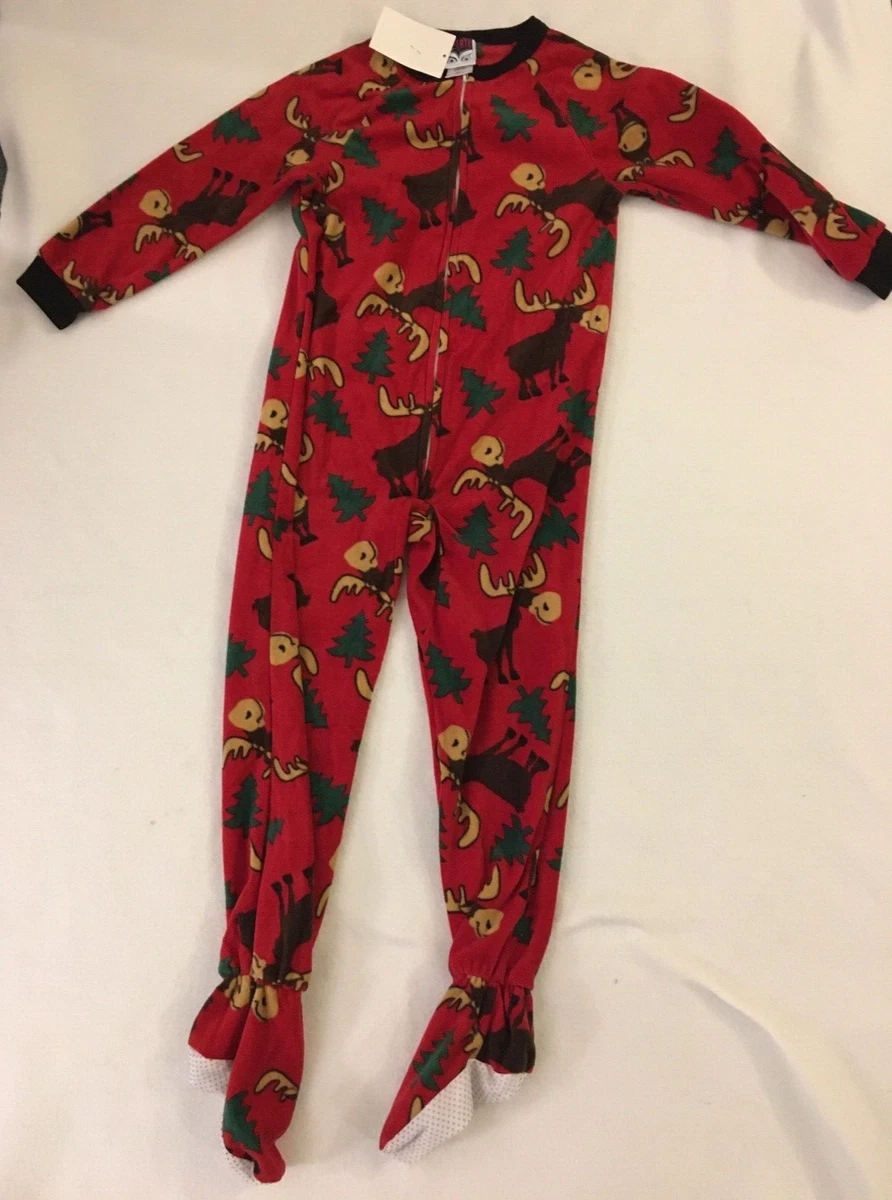 NWT Boys Moose Christmas Tree One Piece Zip Up Footed Pajamas Size 6