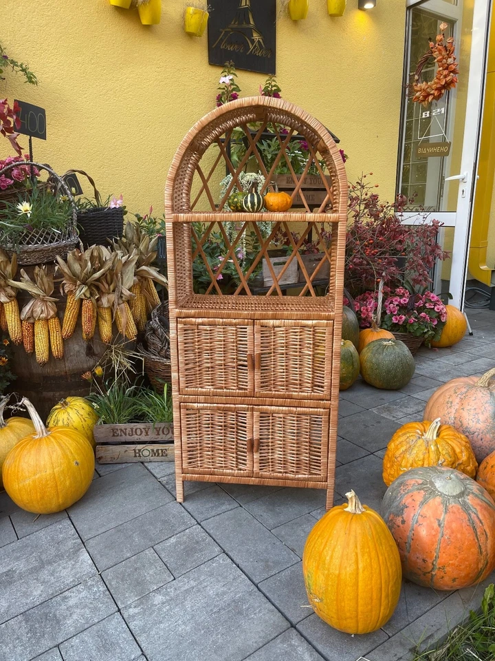 arched cabinet with doors wicker book shelf plant boho furniture bookcase - Image 2 of 4