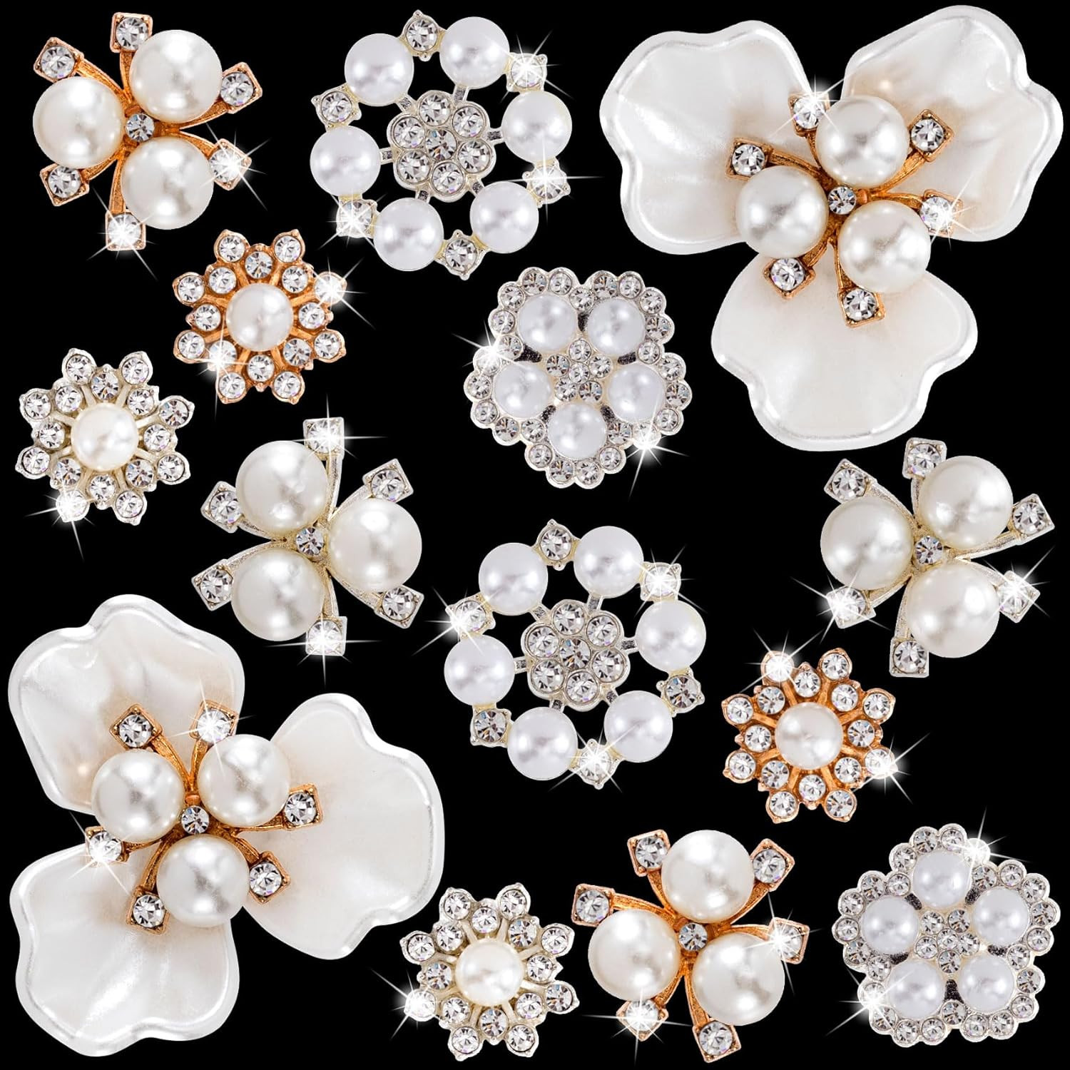 14 Pcs Pearl Rhinestone Buttons, Crystal Embellishments Flat Back Button, Flower