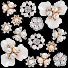 14 Pcs Pearl Rhinestone Buttons, Crystal Embellishments Flat Back Button, Flower
