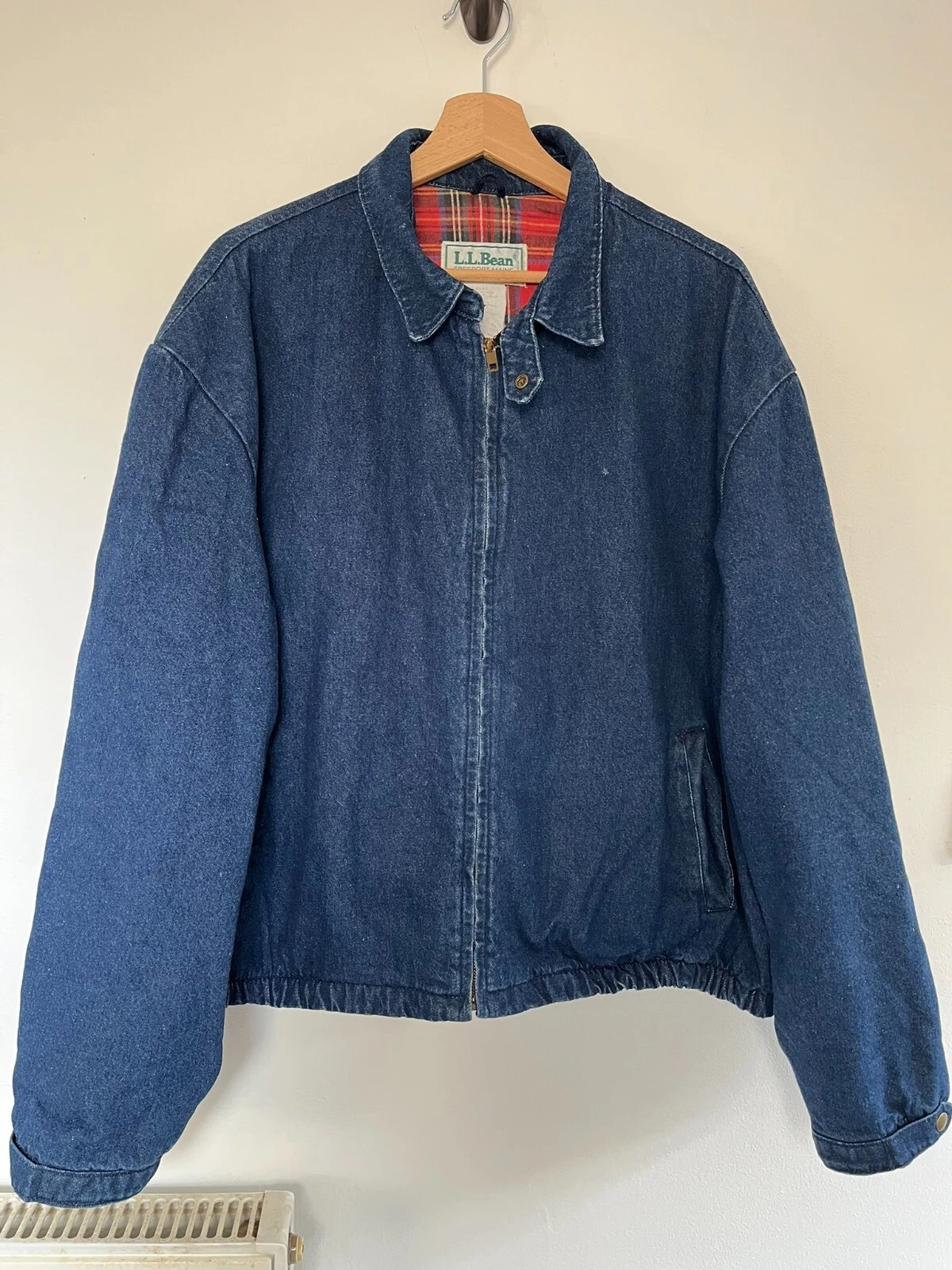 LL Bean Denim Bomber Jacket Mens XL Blue Check Lined Coat Freeport Maine Vintage
