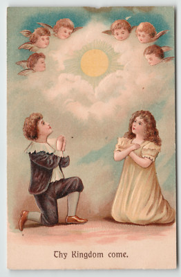Postcard Lord's Prayer Thy Kingdom Come Children Praying with Angels