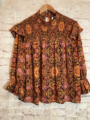 Cato Peasant Top Womens Large Rust Floral Bell Sleeve High Neck Smocked Boho