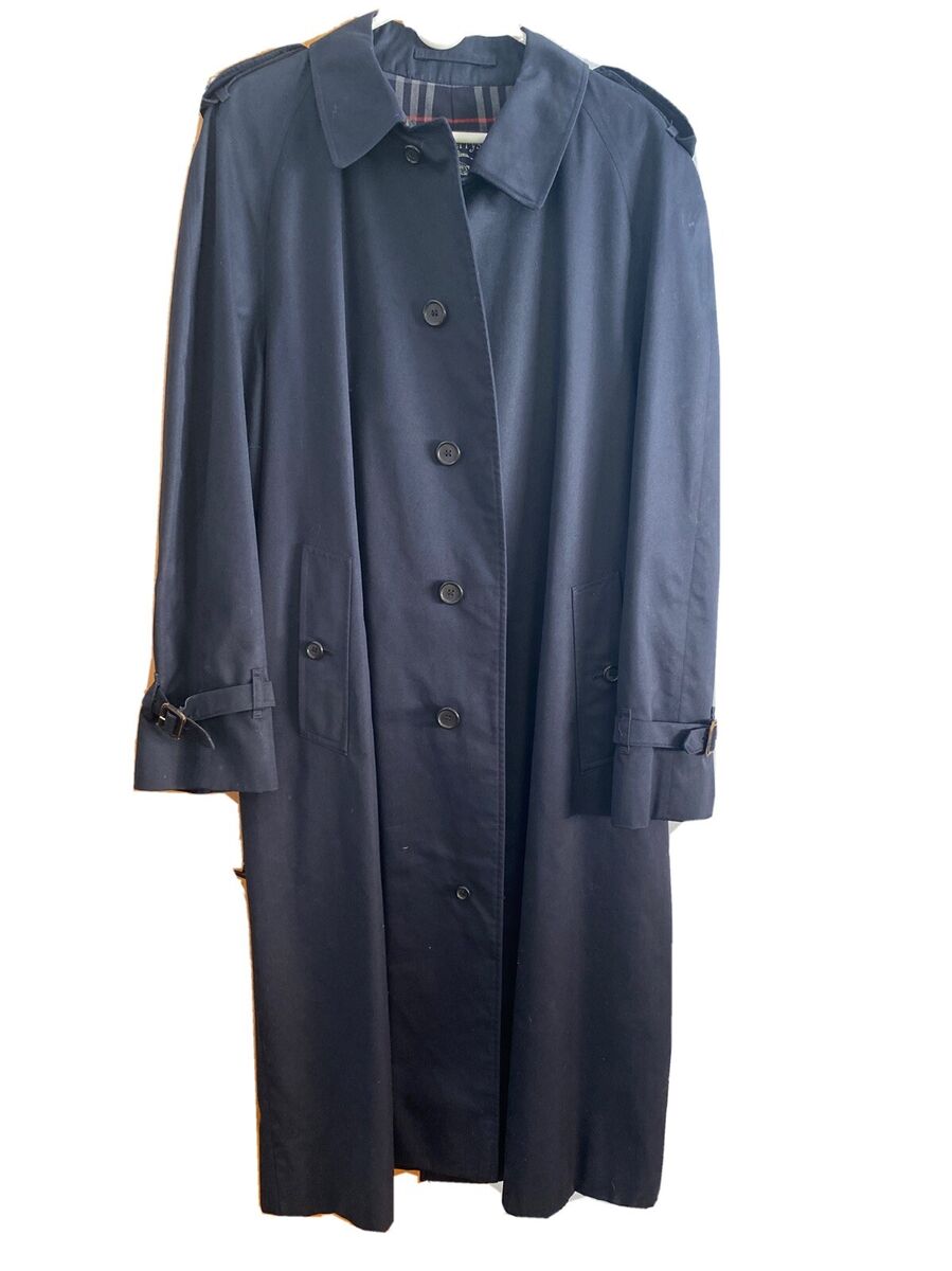 VINTAGE BURBERRY Men's Navy Blue PLAID Long TRENCH COAT Size VINTAGE BURBERRY Men's Navy Blue PLAID Long TRENCH COAT Size