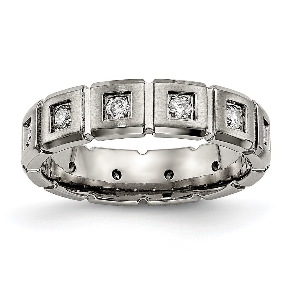 Titanium Brushed and Polished with Cubic Zirconia 5mm Grooved Band Ring Size 9