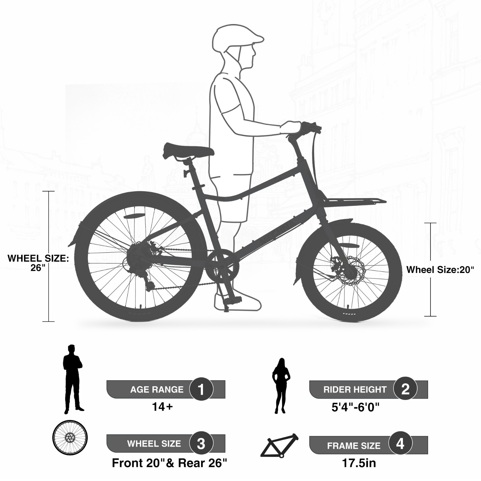Meghna Front 20" & Rear 26" City Hybrid Bike Cruiser Bicycle ,Multiple Colors