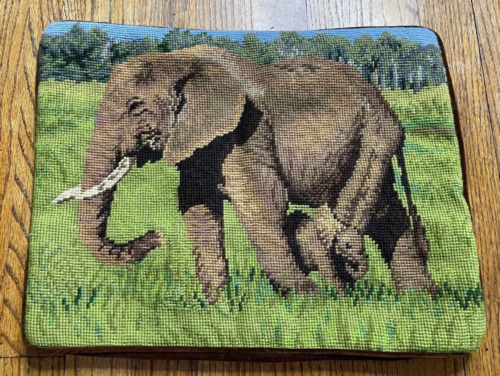Handmade Wool Needlepoint Throw Pillow Cover Endangered Species Elephant 12x16