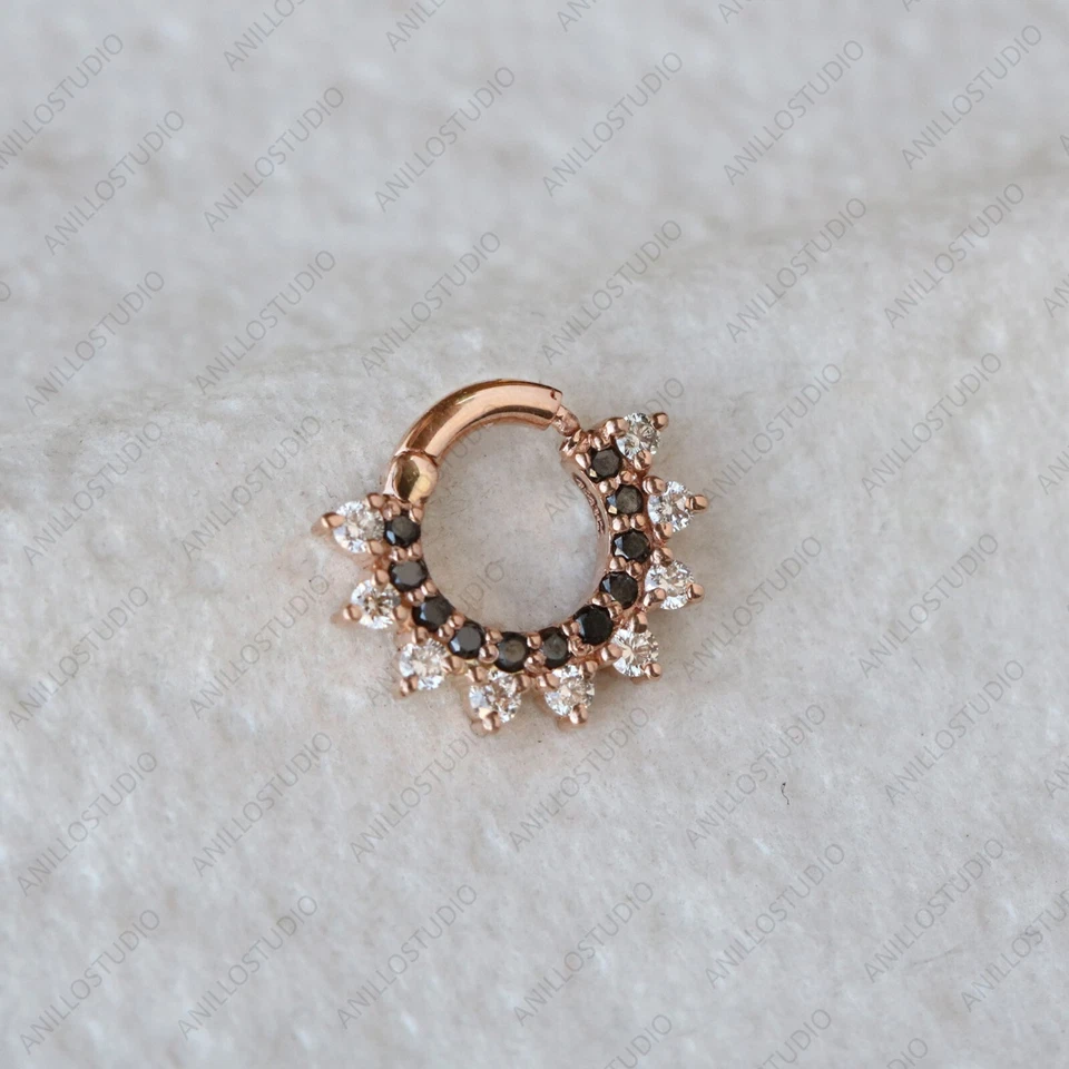 Natural Balck & White Diamond Septum Clicker, Daith Earring Piercing in 18k Gold - Image 4 of 4