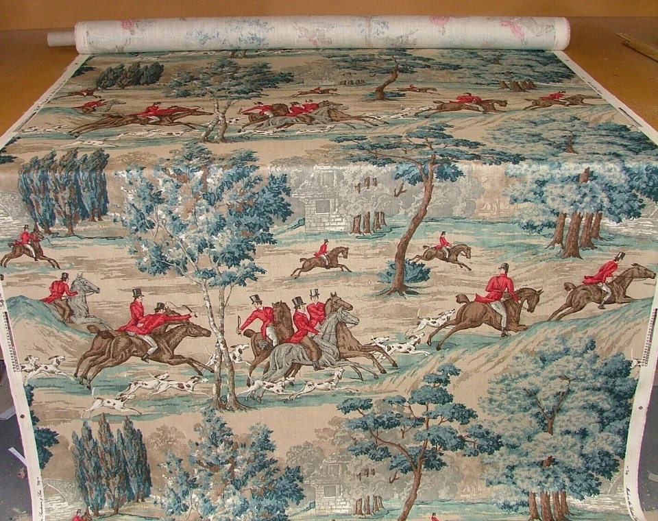 Sanderson Tally Ho Sarcelle Rubis Chasse Cheval Lin Tissu Rideau Tapisserie Use - Photo 4/4