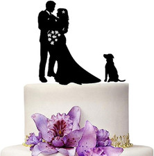 Wedding Cake Toppers Bride and Groom with Dog Black Color Acrylic Silhouette Wed