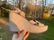 Vintage 90s Kork-Ease Ava Tall Platform Sandal Tan Suede Leather USA Made 10 9.5