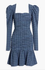 GANNI NWT Seersucker Check Ruched Mini Dress Blue Plaid Puff Sleeve US 4 / 36