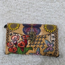 Mexican Hand-Tooled Leather Butterflies Flowers Tan Clutch Wristlet Bag