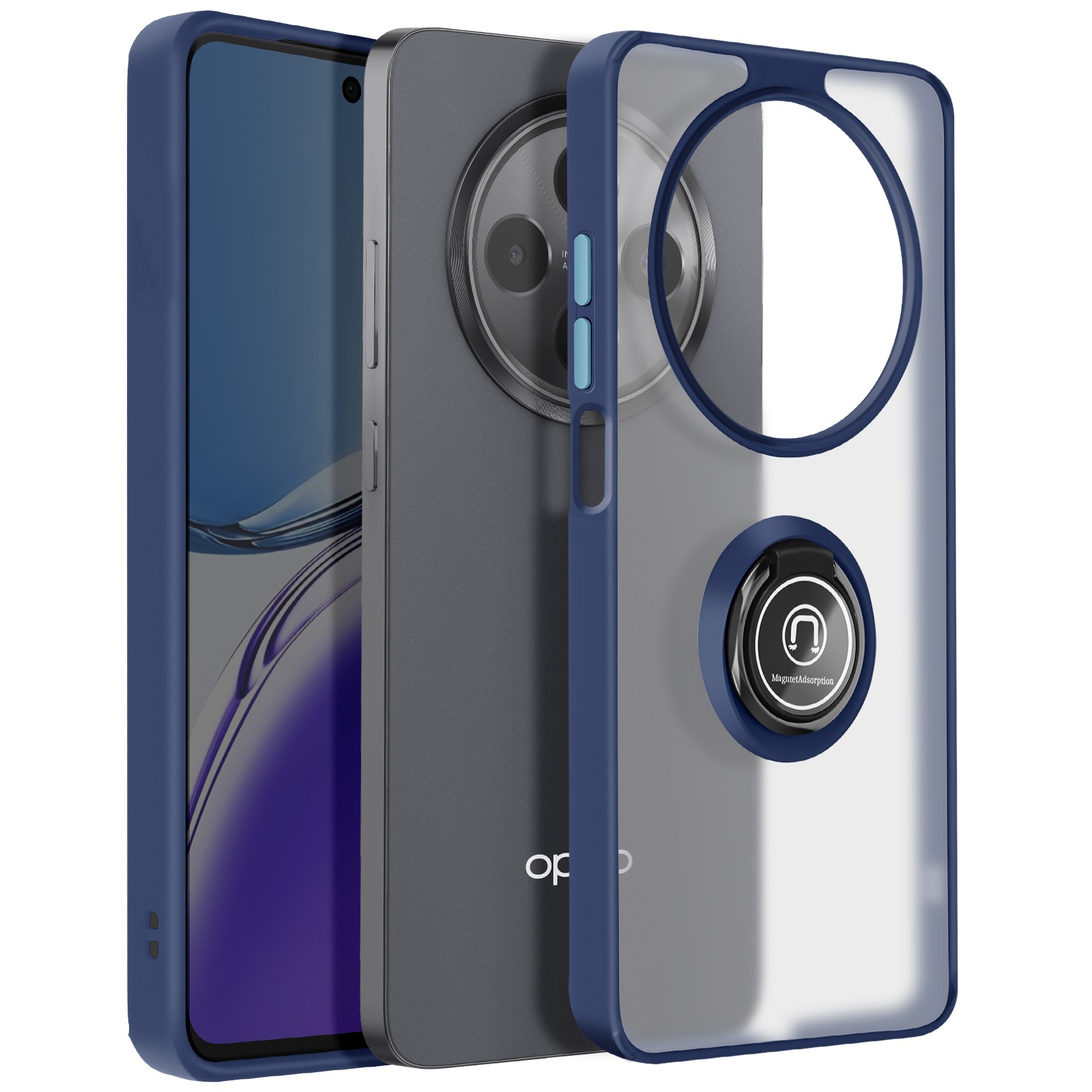 Coque Oppo Reno 12F bague rotative et dos translucide bleu givré