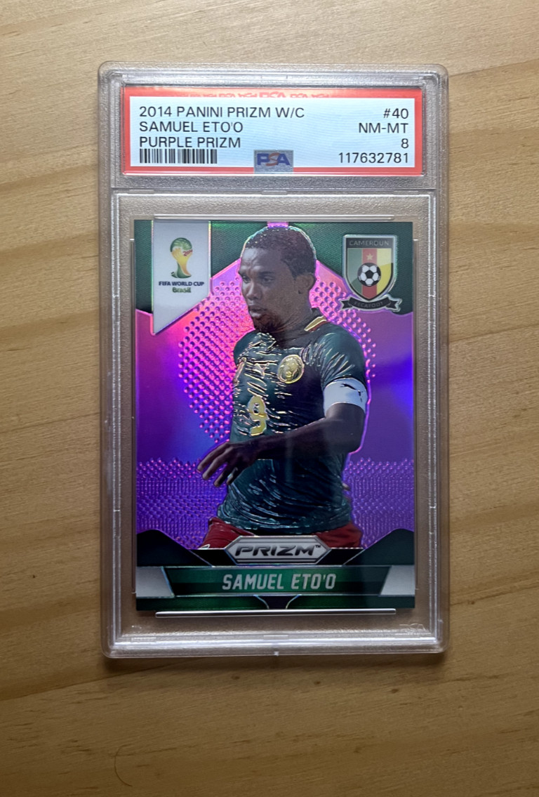 SAMUEL ETO’O PANINI PURPLE /99 #40 2014 PRIZM WORLD CUP CAMEROON PSA 8