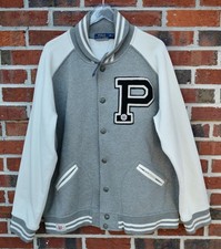 Polo Ralph Lauren Men's 2X Letterman P Varsity Sweatshirt Jacket Gray White