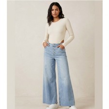 We The Free People High Rise Jeans Wide Leg Button Fly Raw Hem Light Wash 27
