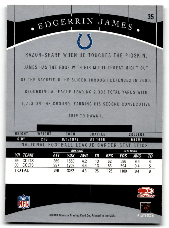 2001 Donruss Classics #35 Edgerrin James Indianapolis Colts - Image 2 of 2