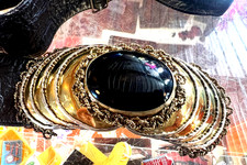 VINTAGE MEXICAN BLACK SNAKE SKIN LEATHER BELT W/ LARGE GOLD  SILVER BUCKLE