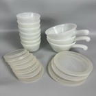 Vtg 10 Pc Set White Milk Glass Soup Chili Bowls w/Handles & Ramekins With Lids