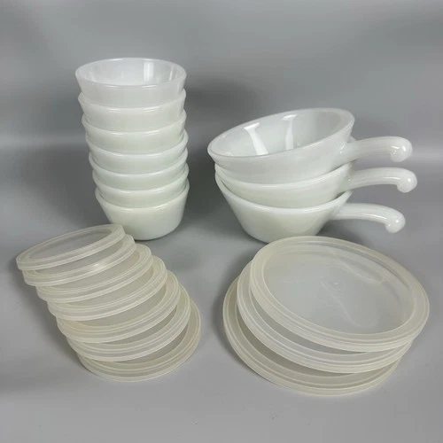 Vtg 10 Pc Set White Milk Glass Soup Chili Bowls w/Handles & Ramekins With Lids
