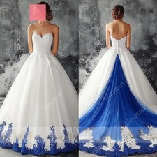 White Tulle Blue Prom Dresses Lace Applique Strapless Lace-Up Back Bridal Gowns