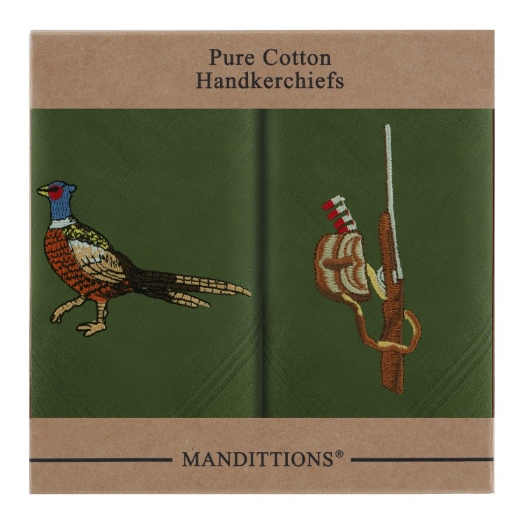 Pheasant and Gun Handkerchiefs 2 Mens Green Cotton Embroidered Hankies