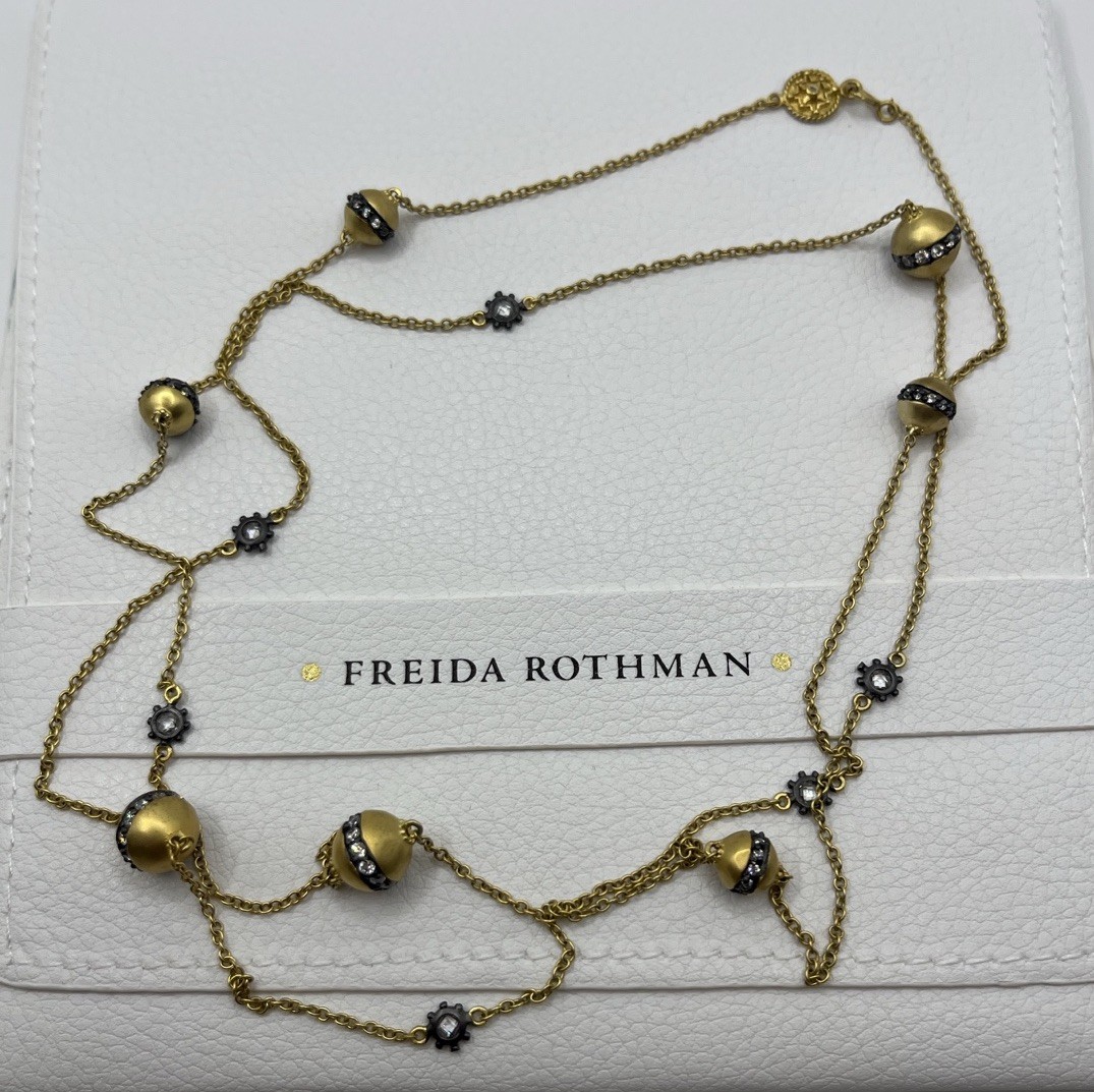Freida Rothman Designed Black & Gold Bead CZ Station Necklace 36 In