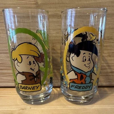 Vintage Flintstone Kids Pizza Hut Glasses 1986 Freddy & Barney