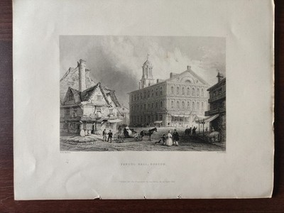 ANTIQ.ORIG. S/W ENGR.-LANDSC./ARCHITECT.-FANEUL HALL , BOSTON-1838