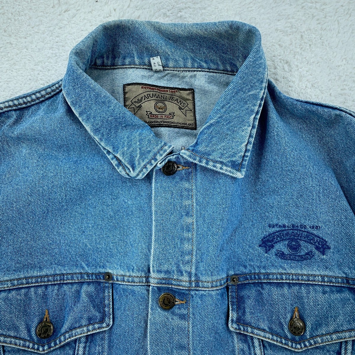Vintage Armani Jeans Denim Trucker Jacket Mens 36 Boxy Embroidered