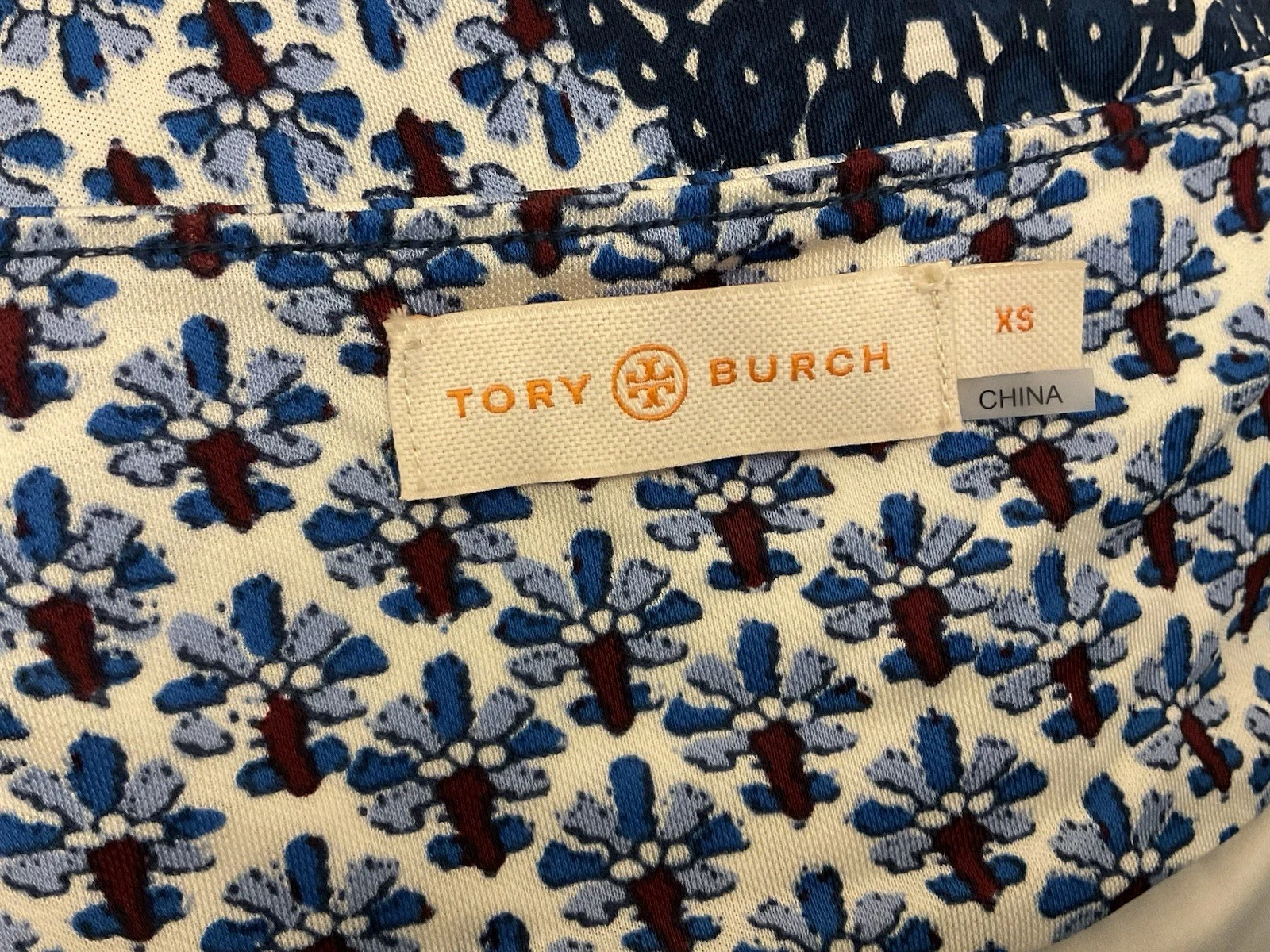 Tory Burch abito a tubino senza maniche metà polpaccio stampa blu bianco LNC taglia XS