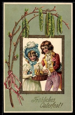 Postcard: Two children with a basket full of Easter chicks